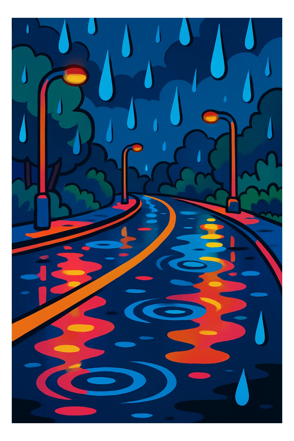 a rainy road with wet reflections and raindrops in vibrant toon style sticker