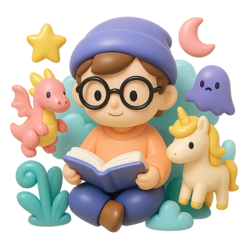 beginner author, surrounded by fantasy creatures and elements, looking imaginative, using a color palette of soft pastel colors with accents of gold and deep purple sticker