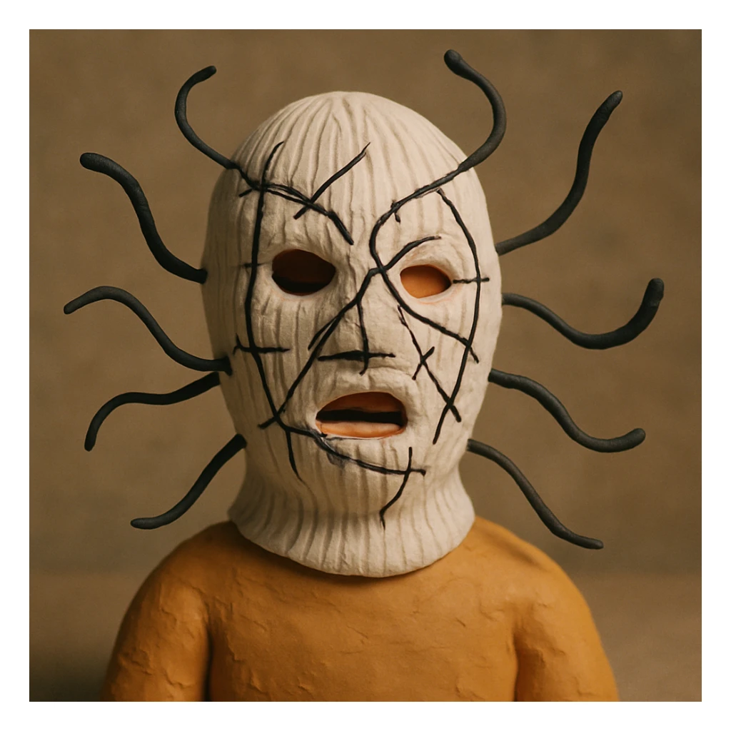 The mask is a full-head, white knitted balaclava with a tight ribbed texture. It features two asymmetrical eye openings and a partially exposed mouth area. Black thread is stitched across the surface in chaotic, abstract lines that trace facial features, giving a hand-drawn effect. Several black cords extend outward from the mask, varying in length and direction, adding a sculptural, almost organic appearance. The overall look is bold, handcrafted, and visually striking. sticker