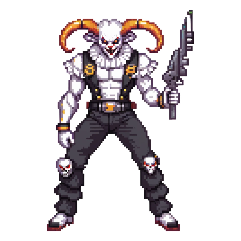 full-body muscular demonic clown, battle-ready, black and white leisure suit with bellbottom pants, bald, black ram horns, flashy black and white belt, ruffled white shirt, no neck tie, large fangs, holding very large futuristic rifle sticker