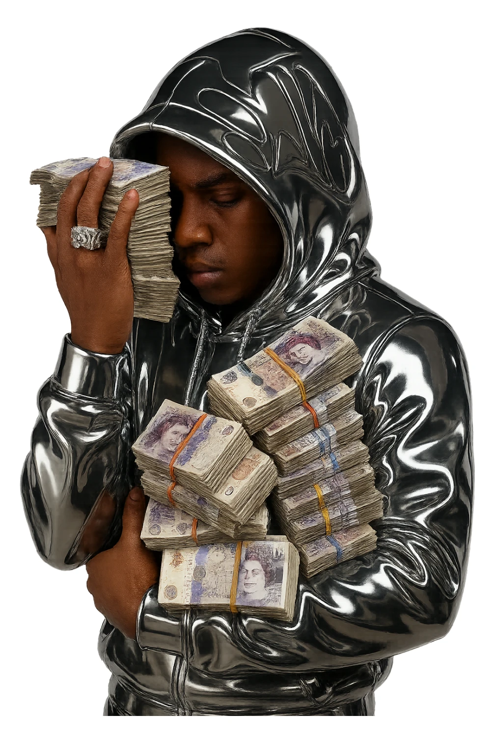 Create a chrome style iconic and bold icon of the person in the reference image. The face and hands should have brown skin with natural, realistic facial features. Keep the hoodie and clothing in chrome style. The money bills should remain realistic and detailed, blending well with the chrome style overall. sticker