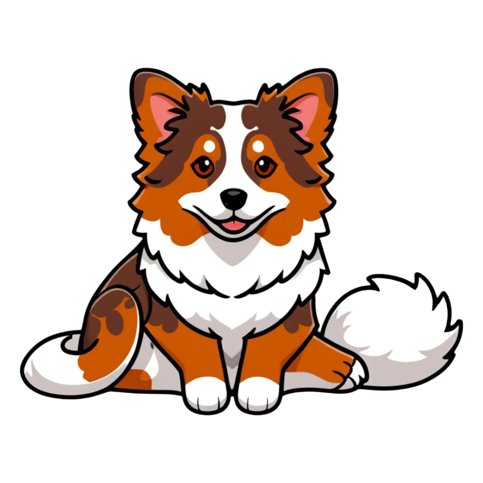 Red merle Australian Shepherd dog laying down, reddish-brown and white spotted coat, fluffy fur sticker