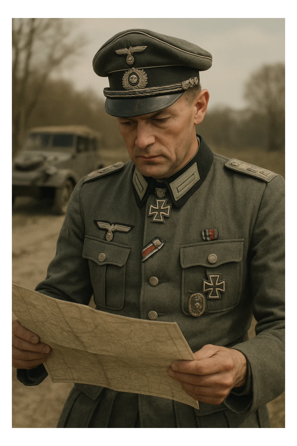 World War II German officer reading a map, classic military attire, historically accurate, detailed, realistic style sticker