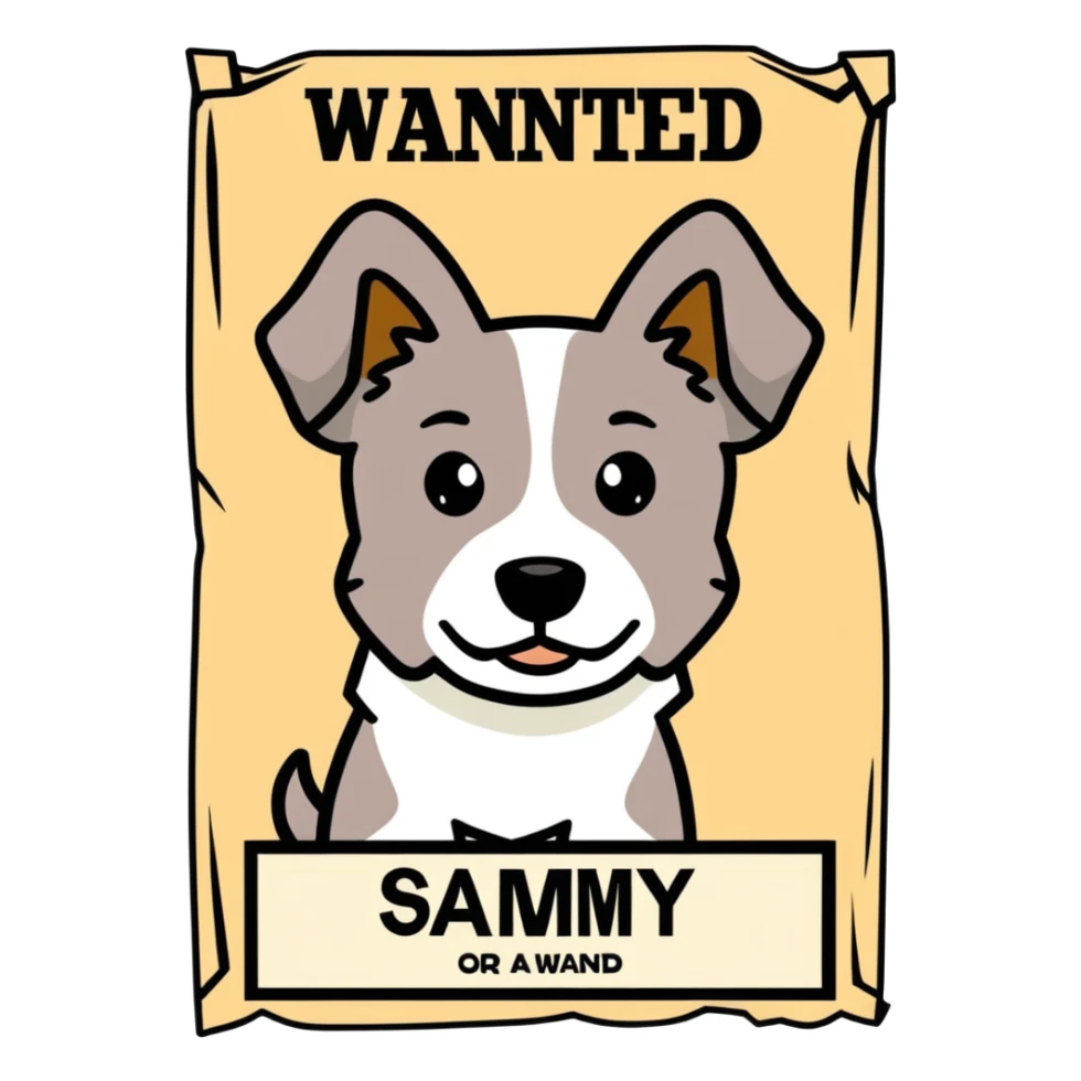 A dog named Sammy on a wanted poster for a $1 million reward dead or alive sticker