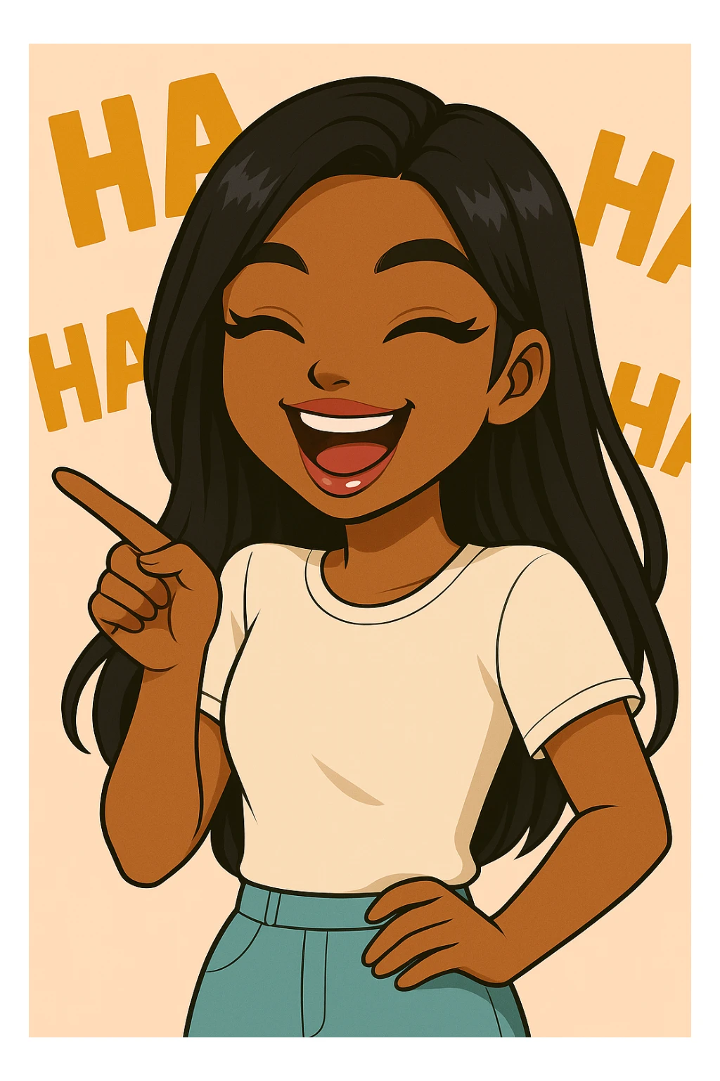 Change the pose to pointing and laughing, add 'ha ha ha' text in the background, headshot only, 20-year-old anime Bratz style woman with dark skin, straight hair, more casual outfit, big expressive eyes, glossy lips, no hat, no tears, happy expression, looking straight ahead. sticker