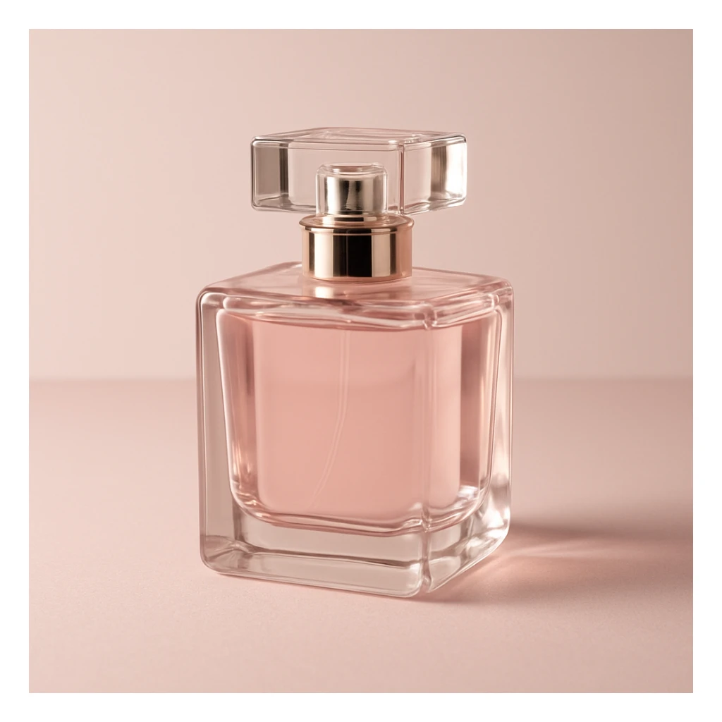 aesthetic pink perfume bottle, minimalist elegant glass, gentle highlights, chic and modern sticker