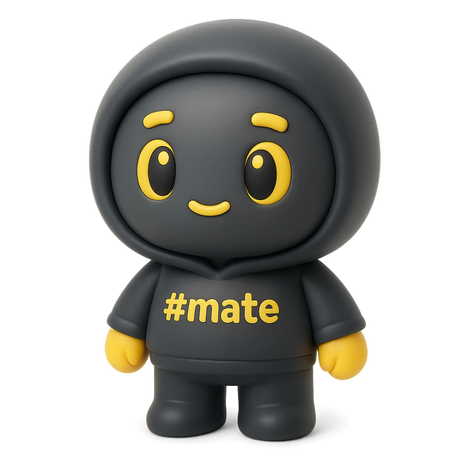 3D kawaii chibi character resembling a vinyl or clay figurine, matte texture, soft lighting with smooth shadows, volumetric surfaces. Large head, short limbs. Hoodie and body are matte dark gray or black, face slightly lighter dark gray or anthracite. Hands are yellow. Eyes are oval, expressive, with yellow outline, colored base, black pupil with highlight. Eyebrows and mouth are yellow. On the costume, the text '#mate' with the # in yellow. White or milky-white background, no extra decorations. sticker