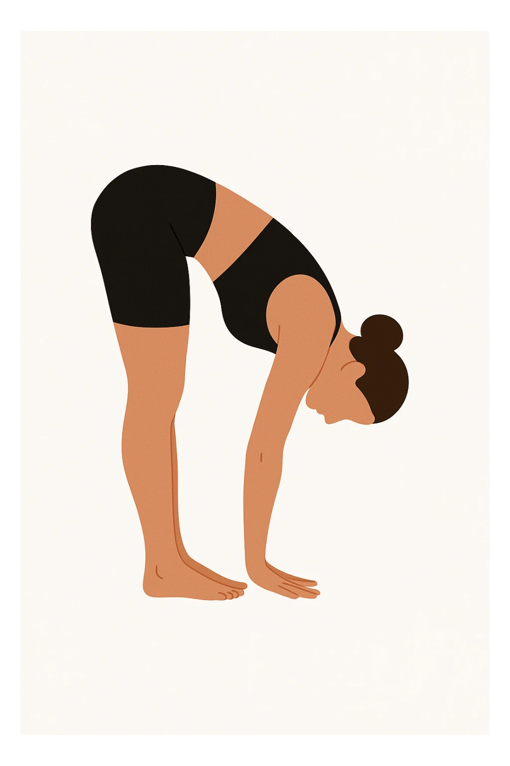 Minimalist flat vector illustration of a woman doing yoga in forward fold pose (Uttanasana), wearing sportswear (black top and black shorts), brown hair in a bun, clean white background, no face details, elegant style sticker