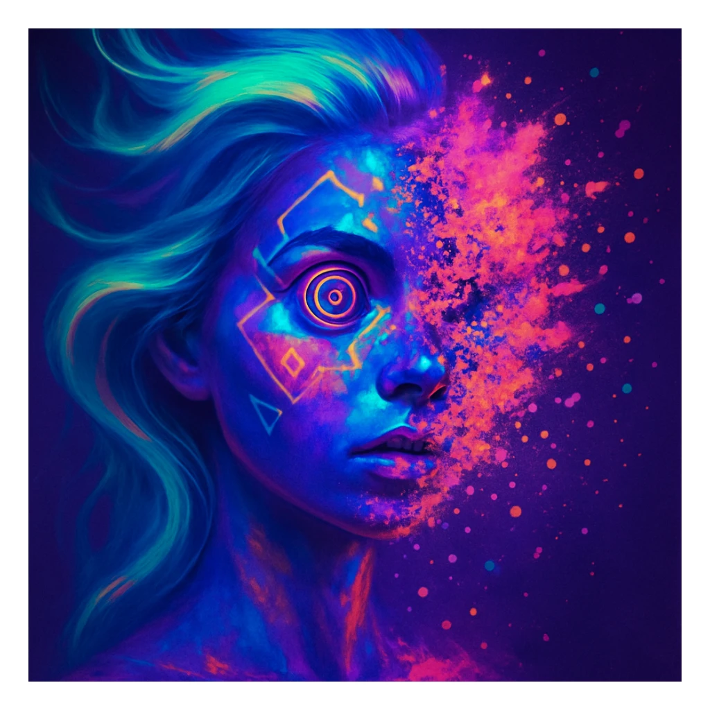 surreal neon portrait, skin in vibrant palette, face partially dissolving in colorful explosion, airbrush technique, hair as swirling liquid streams like northern lights, spiral eyes, geometric elements on face, paint particles flying, acid purple, turquoise, electric pink, sense of transformation sticker
