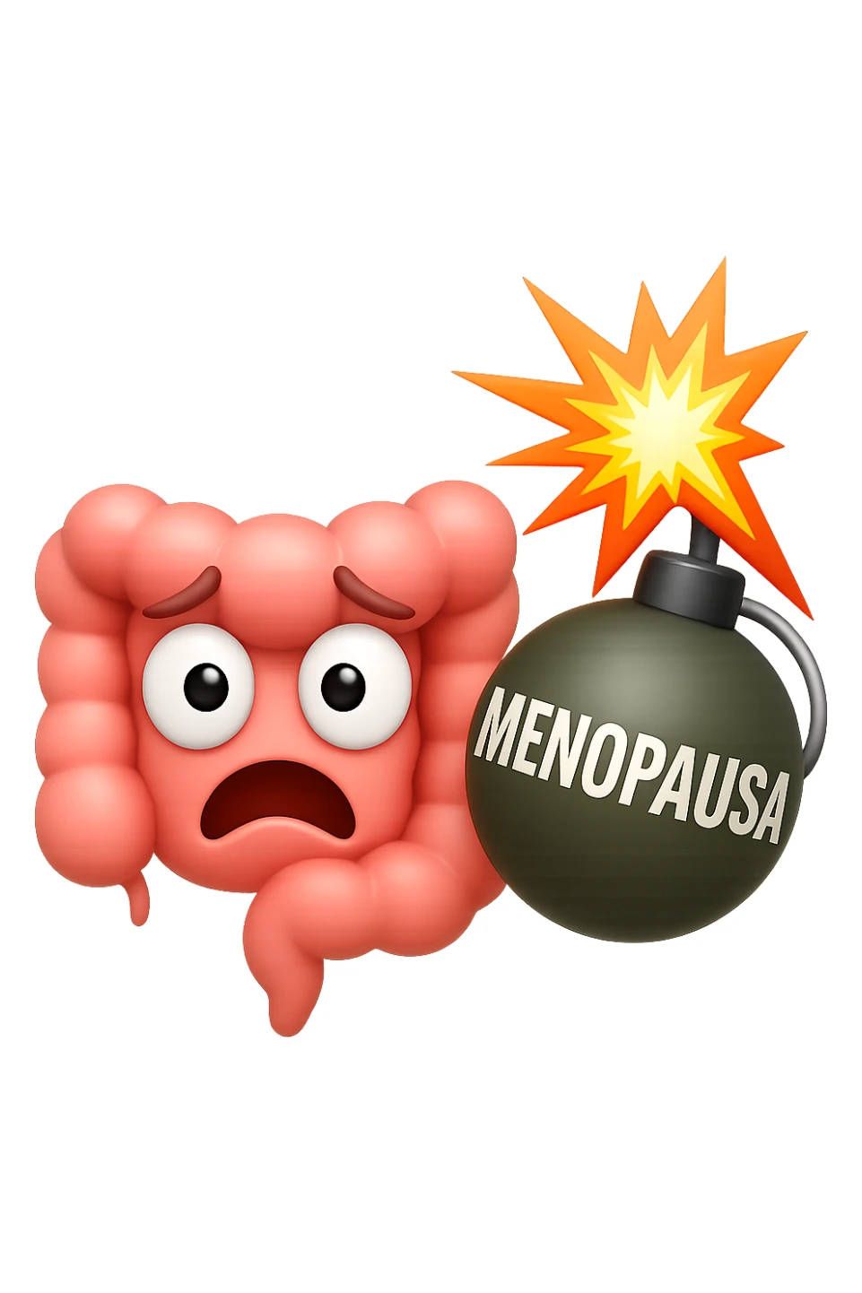 EMOJI STILE IPHONE 3D DI INTESTINO 3D CON ESPRESSIONE SPAVENTATA IN VOLTO MENTRE ACCANTO A LUI SCOPPIA UNA GRANATA 3D CON LA SCRITTA "MENOPAUSA" SOPRA, FAGLI ANCHE LA PARTE BIANCA DEGLI OCCHI, NON SOLO LA PUPILLA sticker