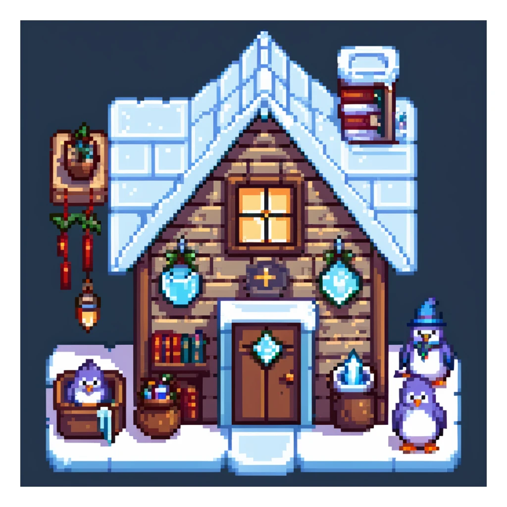 Cozy penguin wizard cottage with spell books, icy decorations, and magical artifacts sticker