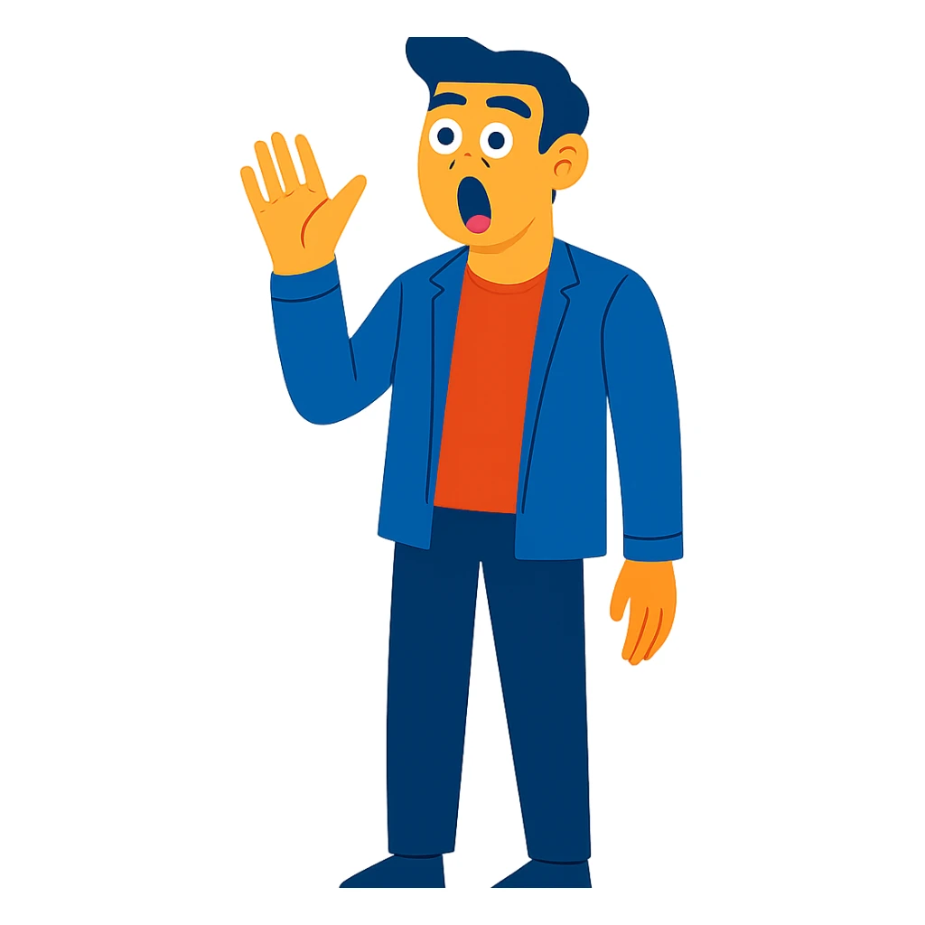 Create a full body surprised man with his mouth open in the same style as the reference image, maintaining a transparent background. sticker