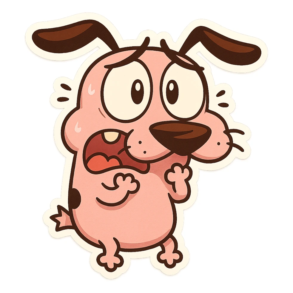 Courage the Cowardly Dog emoji, scared expression, pink dog, cartoon style sticker