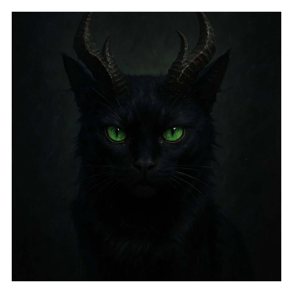 black cat with green eyes and demon horns, visually striking style sticker