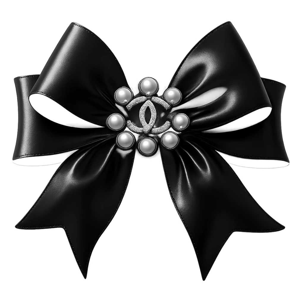 Add a solid black background behind the elegant bow with pearls and gold Chanel logo, glossy, black and white, realistic style with soft reflections and highlights on the bow and pearls. sticker