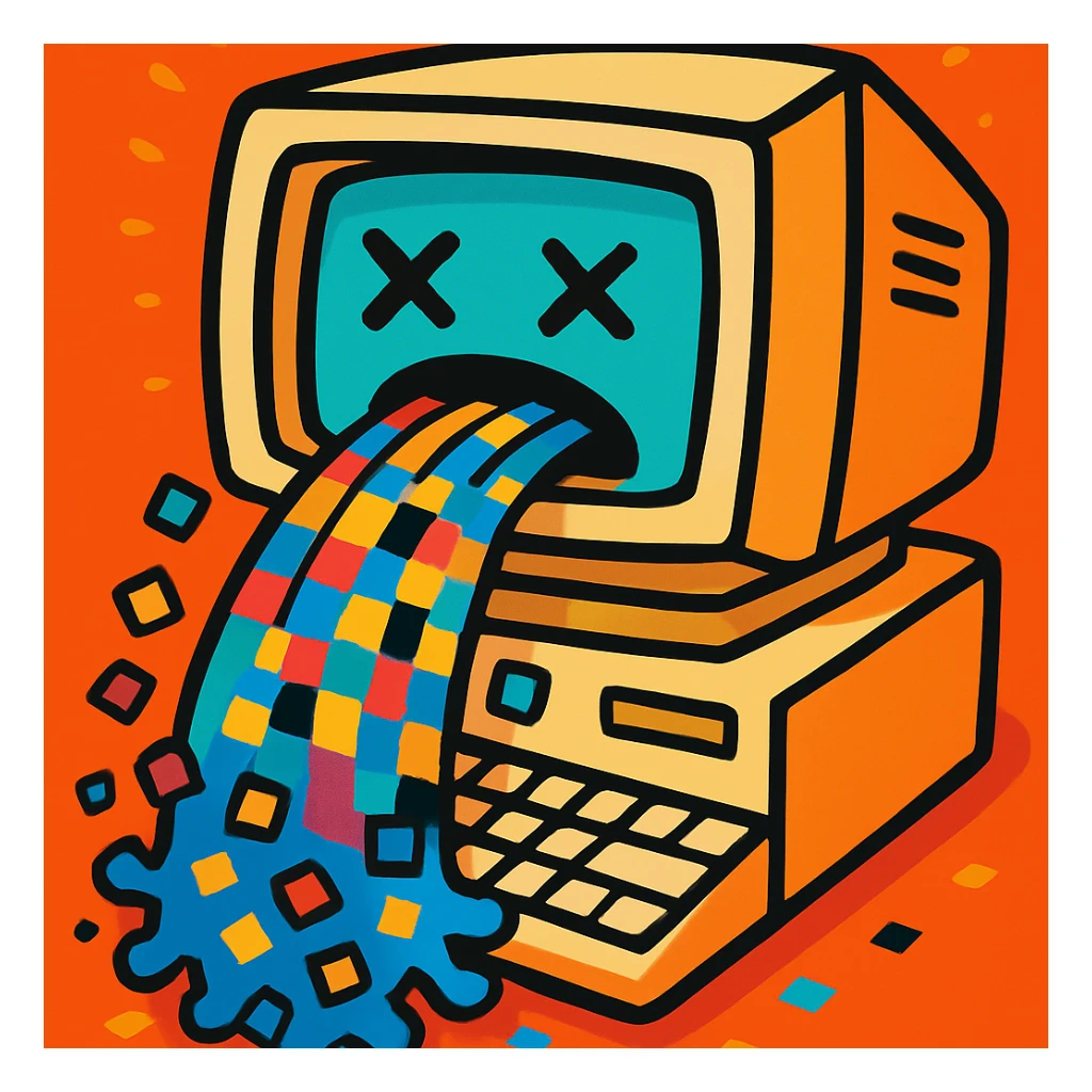 Make the image perfectly square, keeping the old computer monitor vomiting colorful pixels in vibrant cartoon style. Center the subject and ensure no important details are cropped. sticker