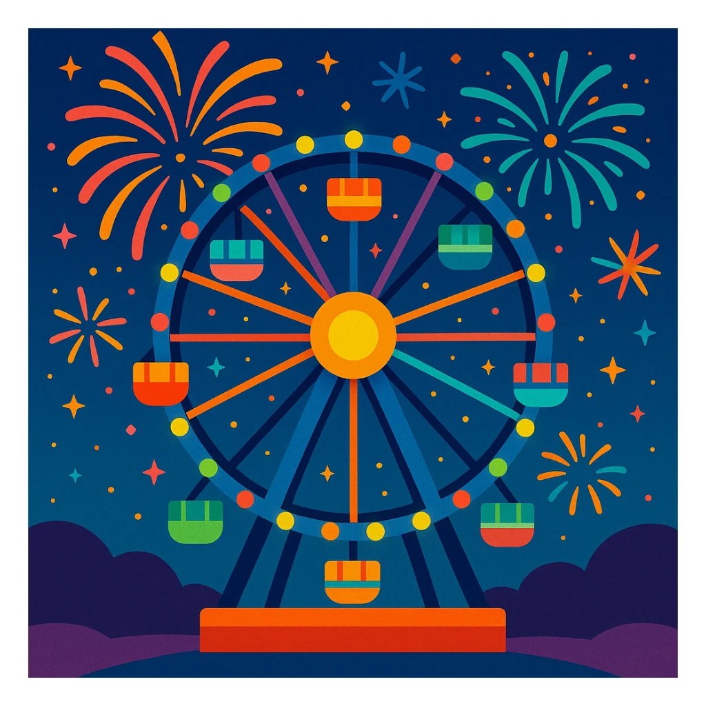 ferris wheel with fireworks, night sky, colorful lights sticker