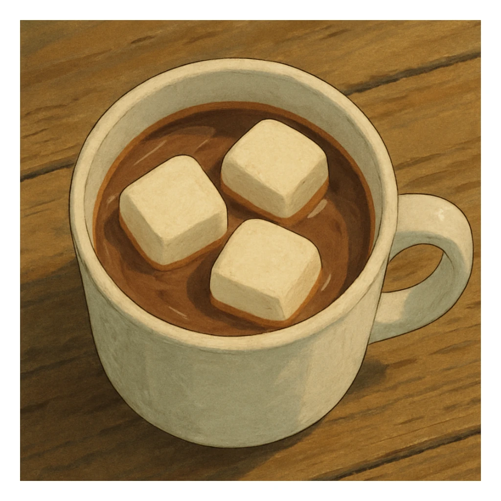 birds eye view of realistic hot chocolate white mug with three big marshmallows in it sticker