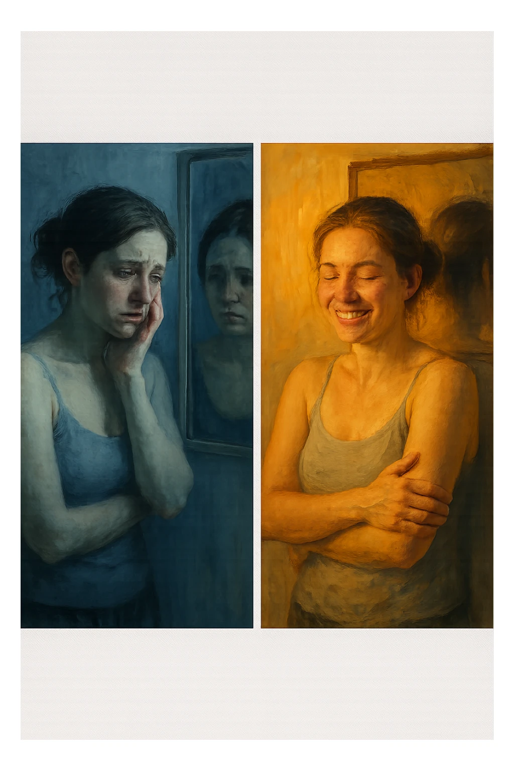 prima parte mostra donna con espressione triste che si guarda allo specchio, anatomia realistica, seconda parte la stessa donna che sorride accettando se stessa, stessa fisicità ma atteggiamento trasformato, illuminazione che passa da fredda a calda, metafora visiva dell'auto-accettazione, stile artistico contemporaneo sticker