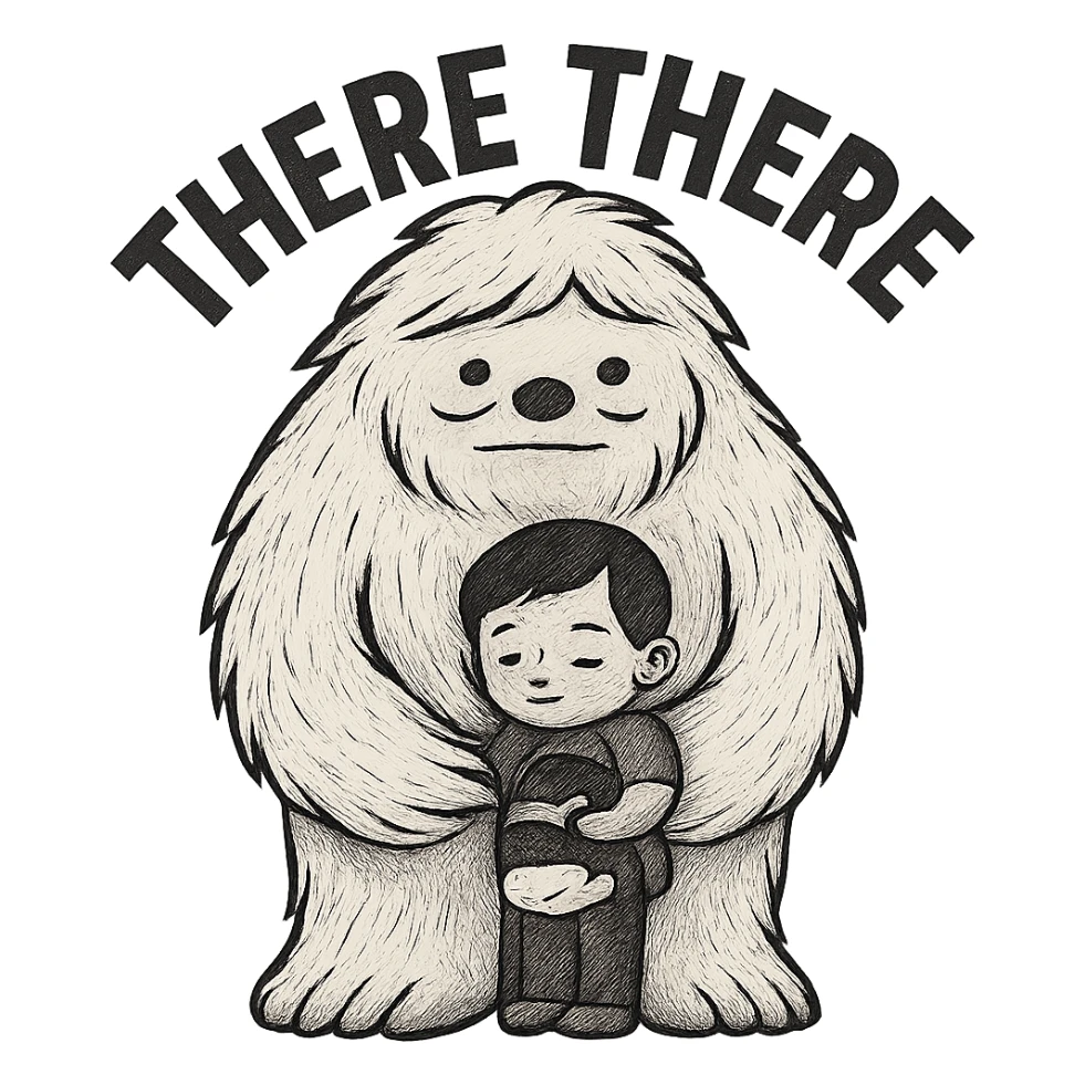 Make the child even smaller and have the Abominable Snowman facing forward, keep the background transparent and preserve the 'there there' text through the head. The style is a transparent background illustration with visible text 'there there' through the head. sticker