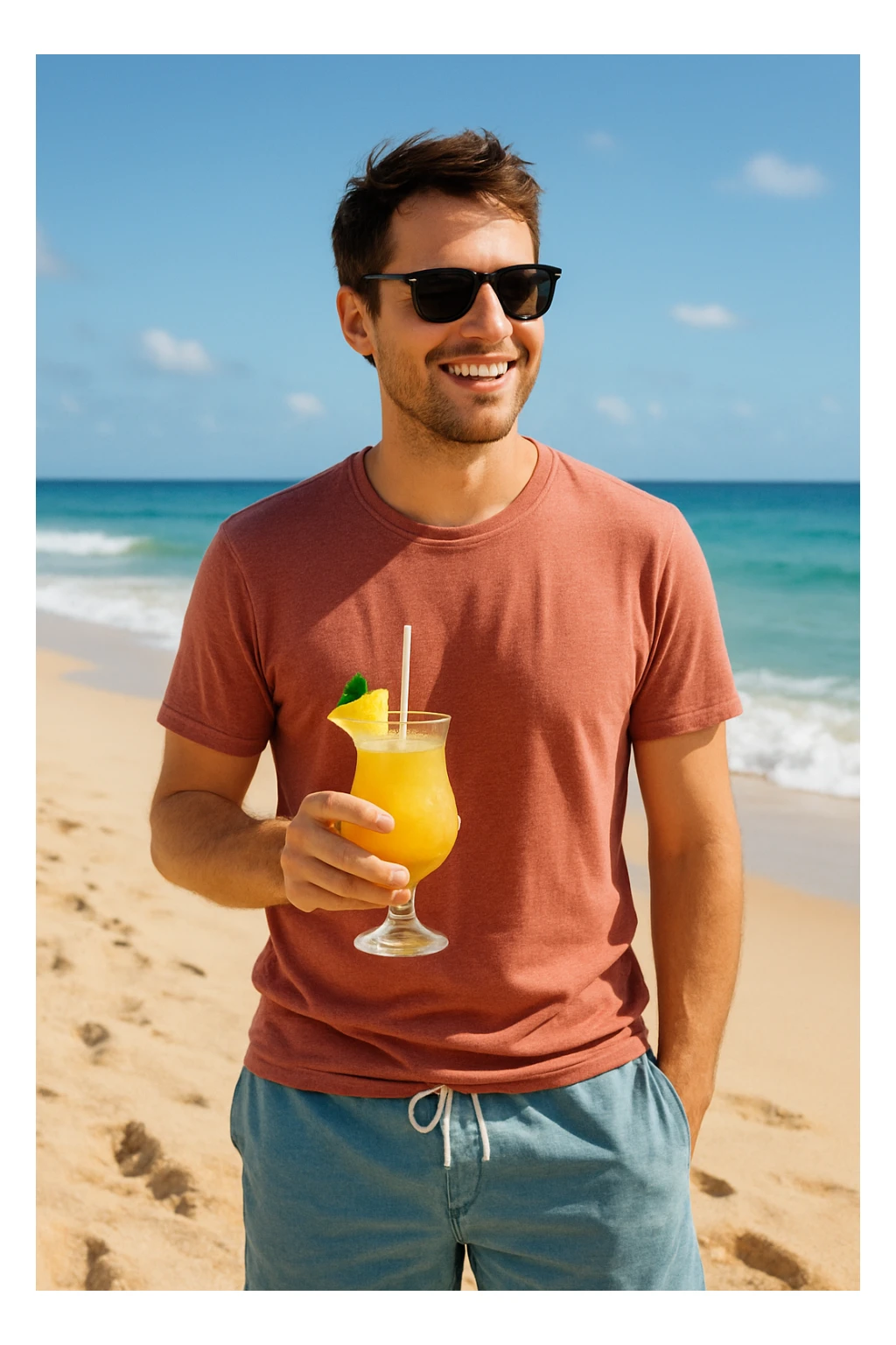take this picture of a man and make it  beach photo with drink sticker