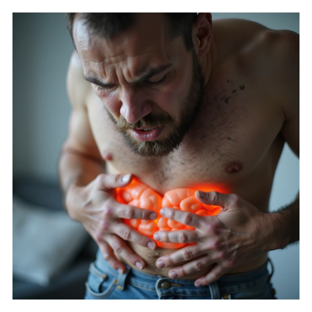 close-up of man with intestinal problems, face contracted in pain, sweating, abdominal bloating, hyperrealistic 4K details, clinical environment sticker