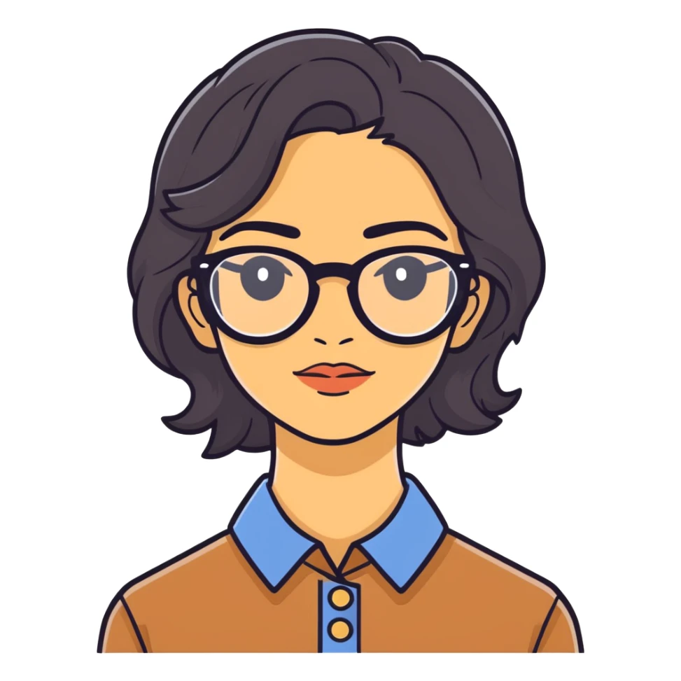 maestra con cabello semiondulado color negro, tez morena clara, lentes sticker