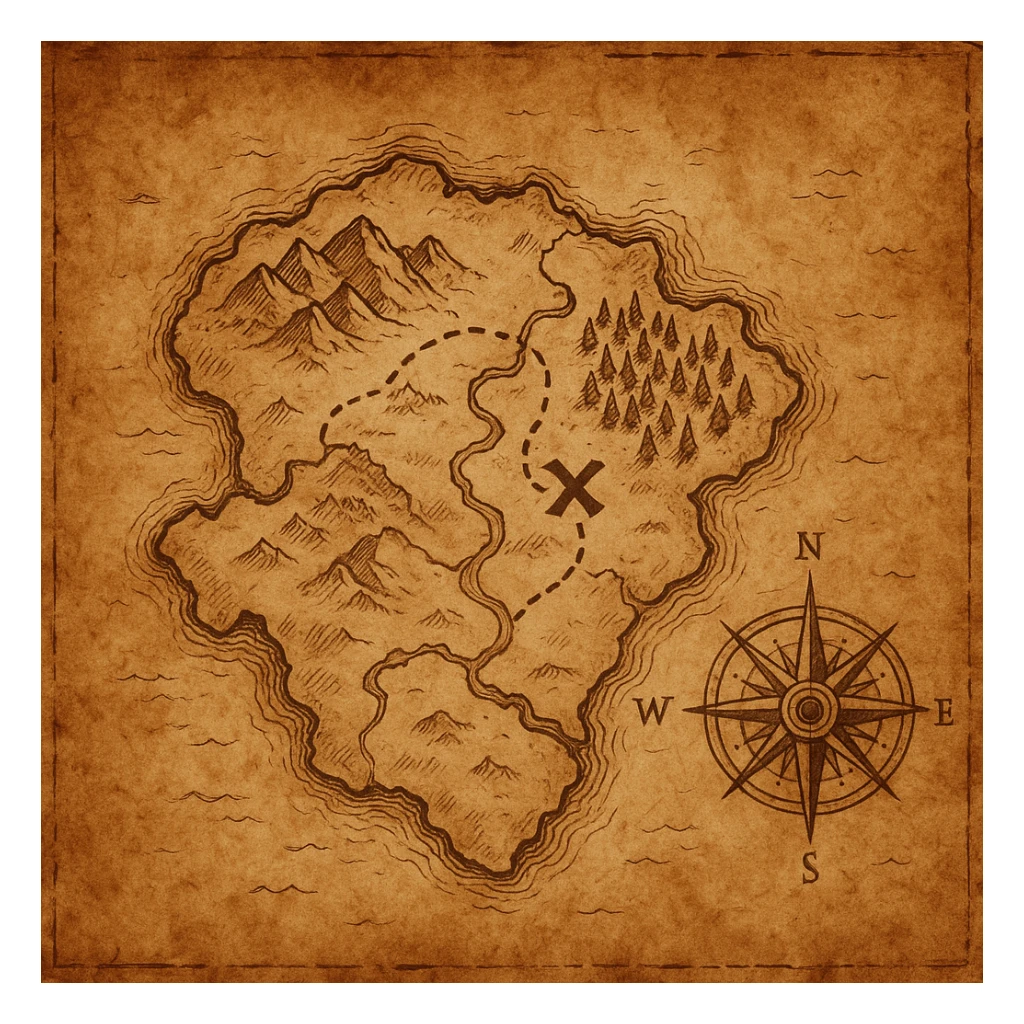 A large, realistic treasure hunt map of an imaginary island, featuring classic elements like an X marking the treasure, dotted paths, mountains, forests, rivers, a compass rose, and old parchment texture. Style: detailed, weathered, and adventurous. sticker