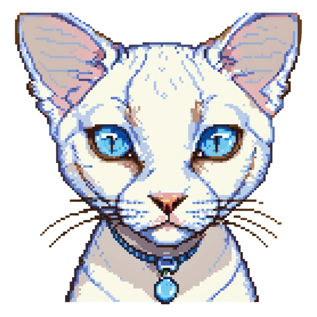 white devon-rex cat with blue eyes, pixel art style sticker
