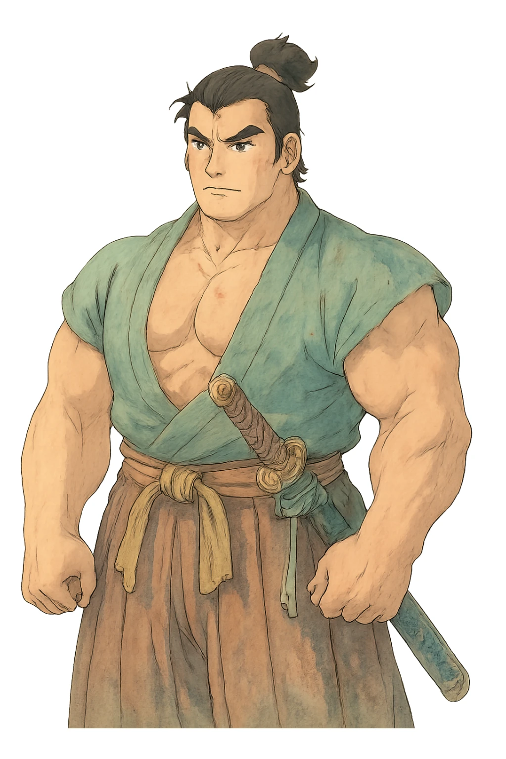 A muscular samurai with soft, dreamy colors and intricate details sticker