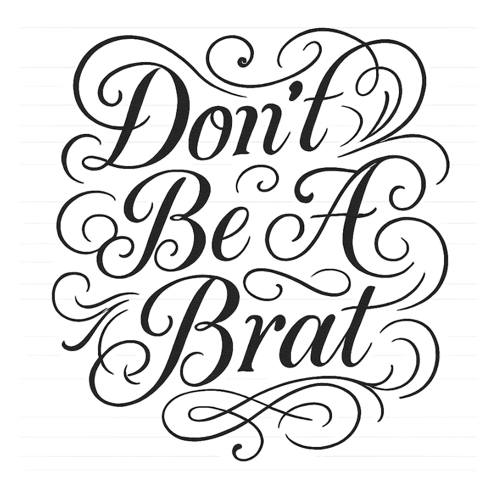 The text 'Don't Be A Brat' written in a fancy, decorative script sticker