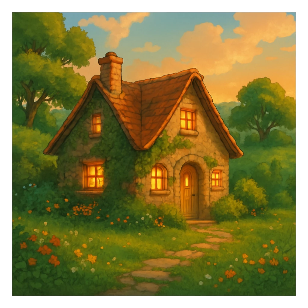 cozy cottage in a lush landscape with warm lighting in ghibli style sticker