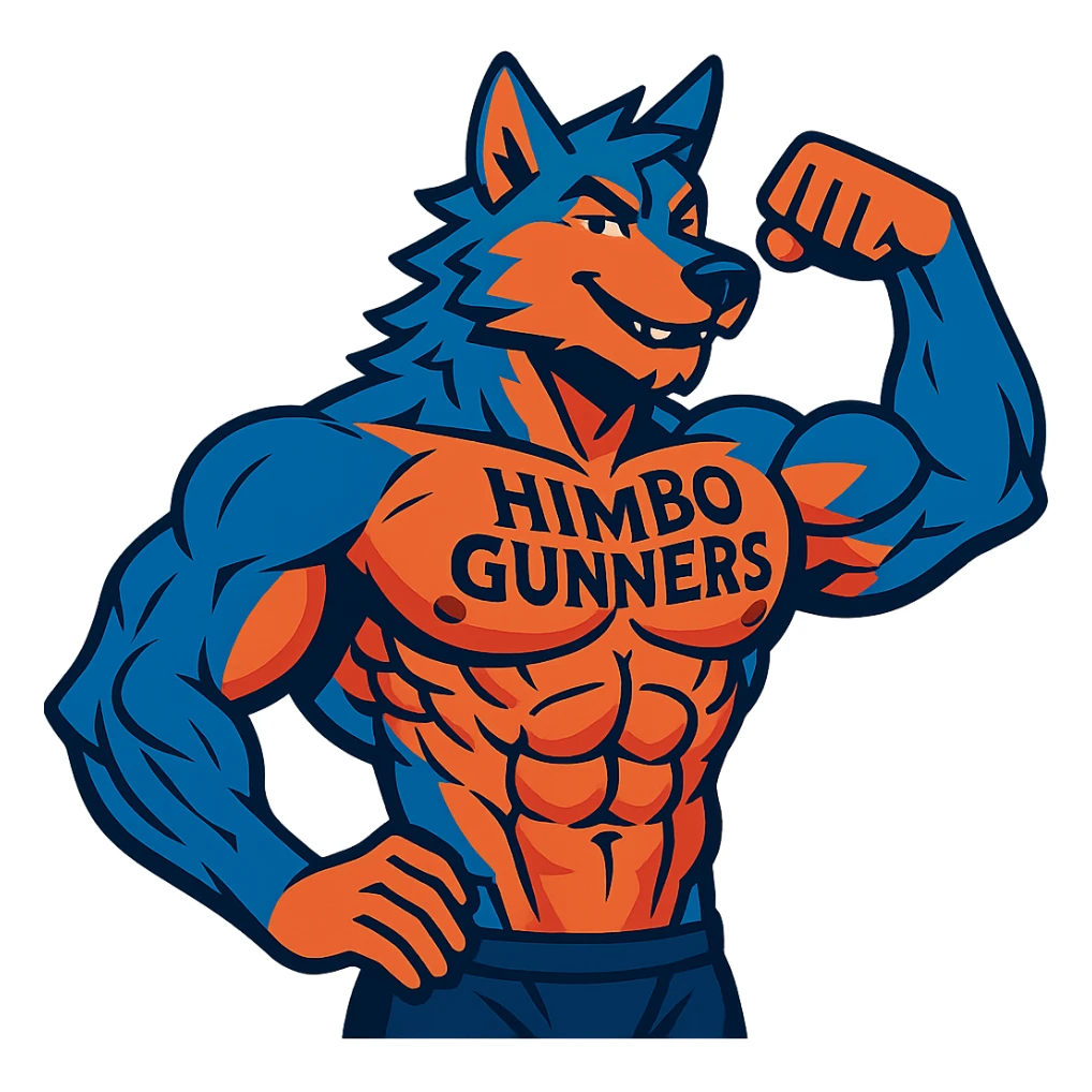 extremely muscular, attractive, and detailed wolf furry, shirtless, with 'Himbo Gunners' tattoo across chest, flexing, confident, with intricate fur and muscle definition sticker