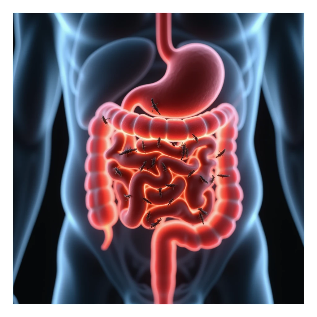 conceptual image of transparent human intestine with parasites highlighted in red, educational style, detailed, 4K sticker