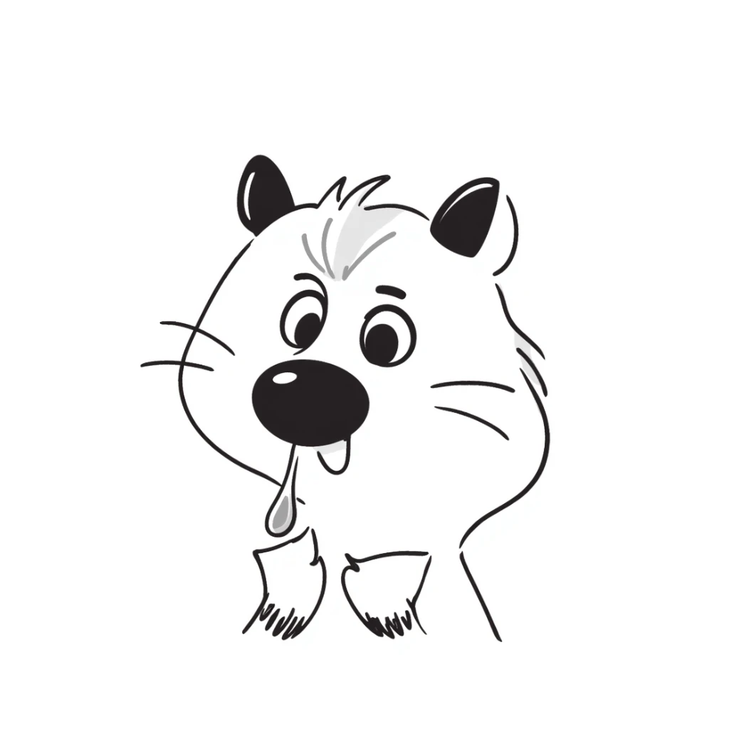 Hand-drawn squirrel with large visible drool dripping down from mouth, starving expression sticker
