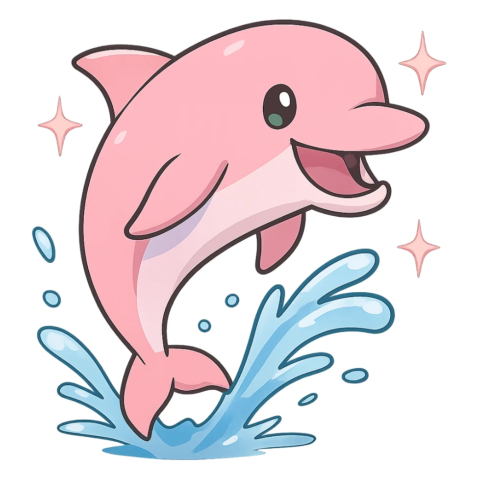 Resize to 128x128 pixels. Pink dolphin enjoying swimming with water effects and a big smile. Keep background transparent. Render in anime style. sticker