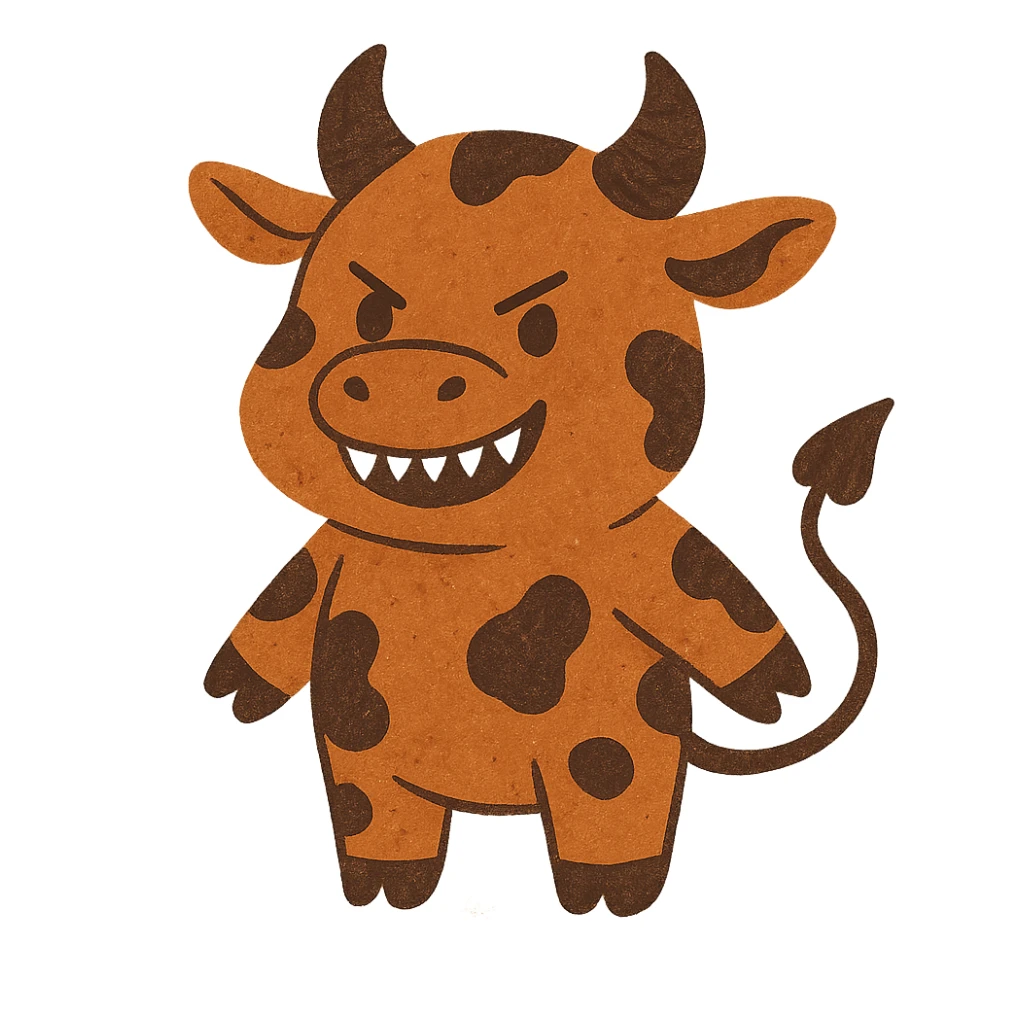 cute evil cow, cartoon style, sharp little teeth, dark spots, tiny devil tail sticker