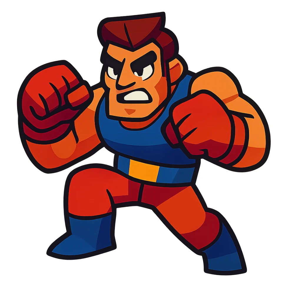 a tough brawler character, muscular, ready to fight, in a dynamic pose, vibrant toon style sticker