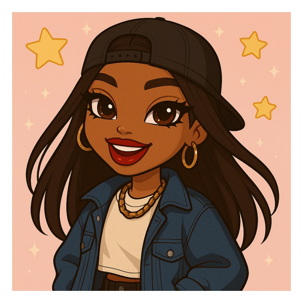 Change her expression to happy, keep her as a 20-year-old anime Bratz style woman with dark skin, dark hair, trendy streetwear, big expressive eyes, and glossy lips. No tears. Maintain the anime Bratz style look. sticker