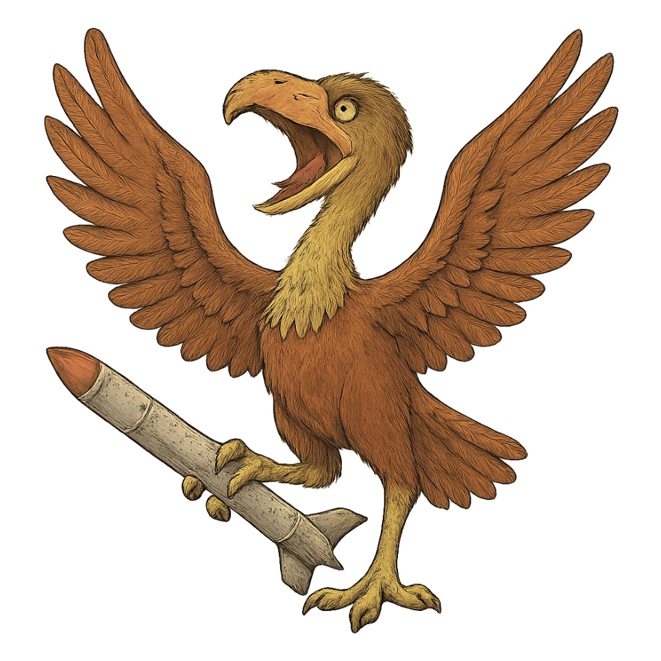 an insignia for a flag: a strange foreign alien bird creature, resembling a prehistoric phorusrhacos, gripping a sidewinder missile in its' powerful claw, standing up on its' other claw, cawing fiercely, wings spread in defiance.
 sticker