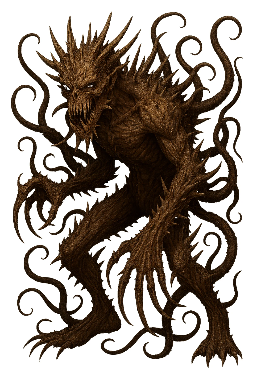 Add even more monstrous features to the monster in the image: extra fangs, horns, spikes, claws, and tentacles. Keep the monster huge, terrifying, realistic, twisted, and with no background. sticker