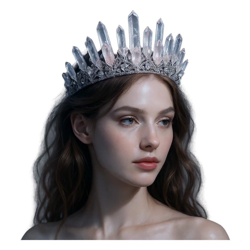 Change the crystal crown to be crafted from clear and pale pink gems, highlighted with silver threads and a gentle moonlit shine. Keep the background transparent. sticker