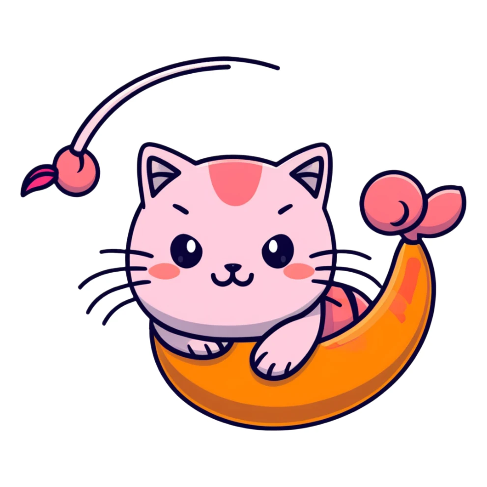 shrimp with a cat head, pink shrimp body with orange cat face sticker