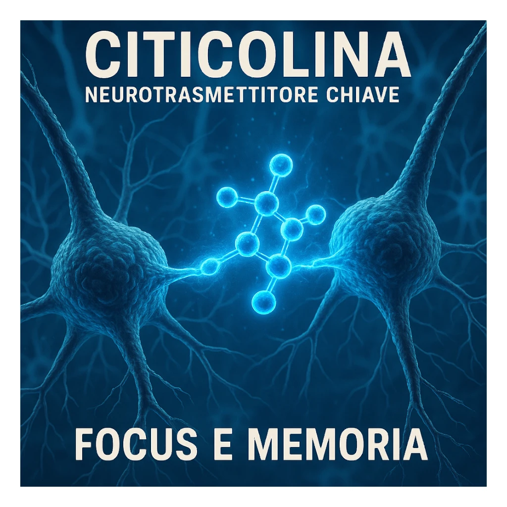 Citicolina come neurotrasmettitore chiave, iper realistico, molecola blu che collega neuroni con energia, scritta 'Focus e memoria', atmosfera positiva, dettagli realistici sticker