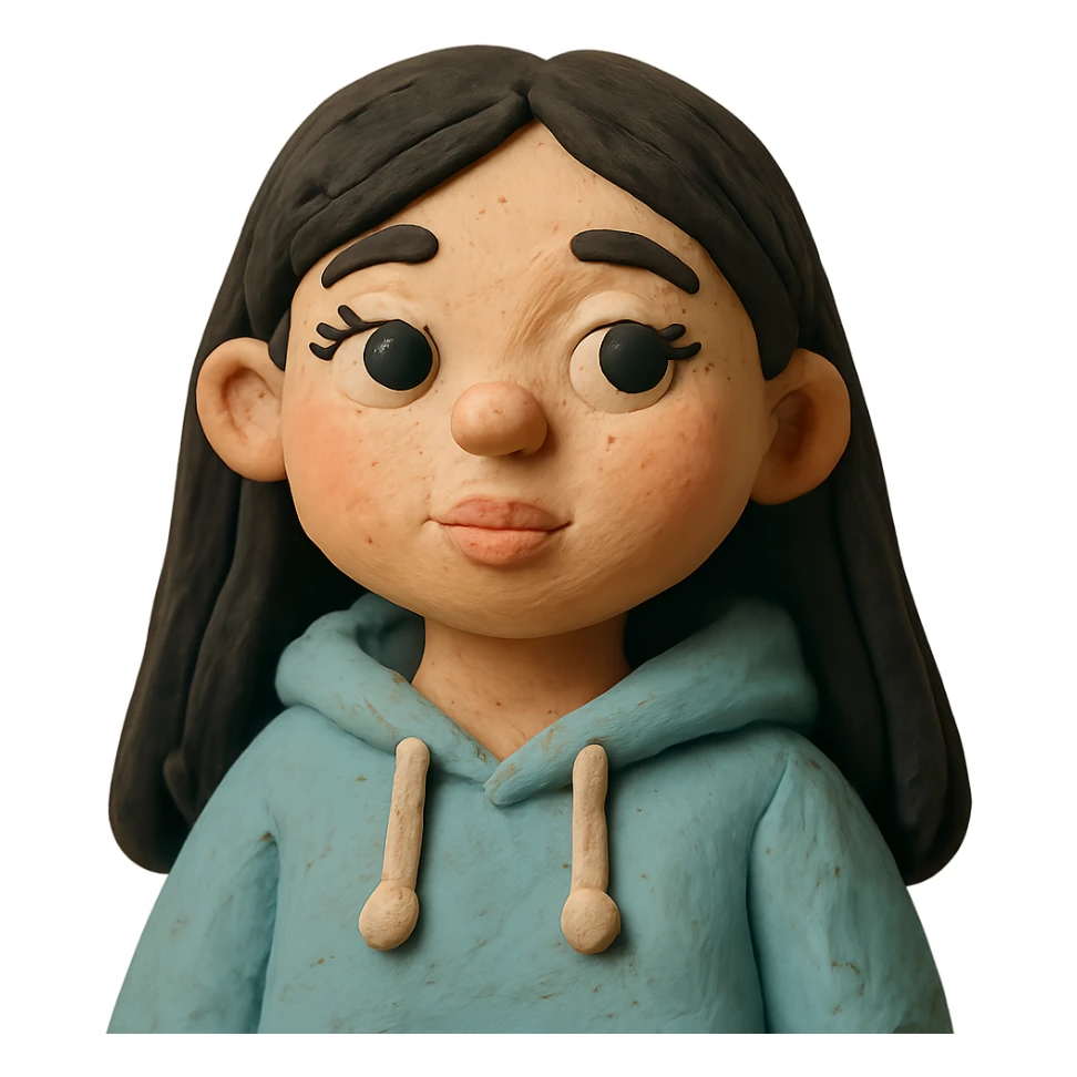 light skinned girl with round, slightly upturned brown eyes with long lashes, medium sized full blush colored lips, slightly chubby cheeks, long straight black hair, wearing a soft hoodie sticker