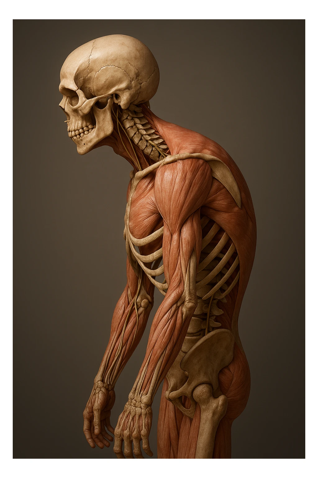 corpo UMANO ANATOMICO di profilo con spalle chiuse in avanti, postura errata, iperrealistico 4k sticker