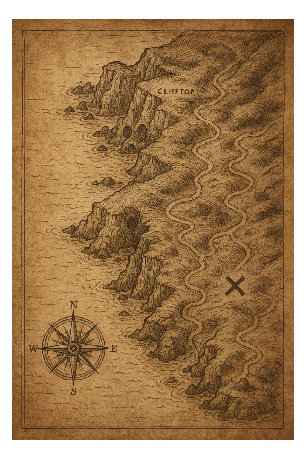 A realistic treasure map of a mysterious coastal region, with cliffs, hidden caves, winding paths, and a marked treasure spot. Includes a compass rose and aged paper look. sticker