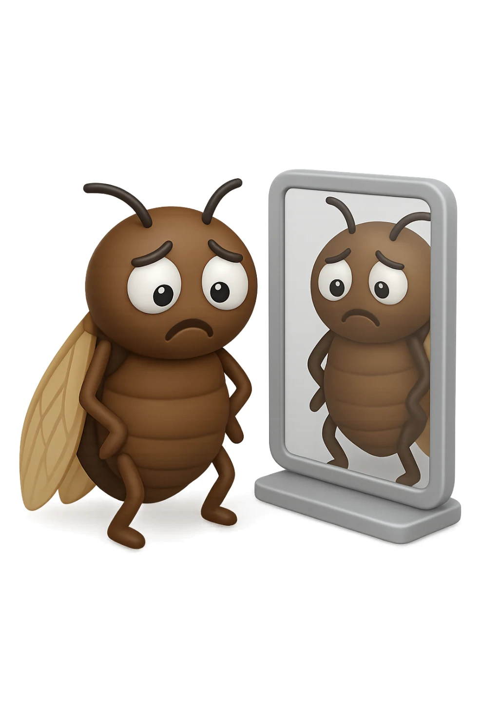 EMOJI STILE IPHONE 3D DI una cicala troste che si guarda allo specchio insoddisfatta del suo fisico, fagli gli occhi bianchi , non solo la pupilla sticker