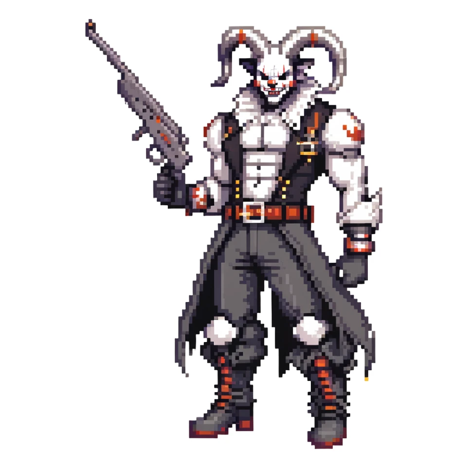 full-body muscular demonic clown, battle-ready, black and white leisure suit with bellbottom pants, bald, black ram horns, flashy black and white belt, ruffled white shirt, no neck tie, large fangs, holding very large futuristic rifle sticker