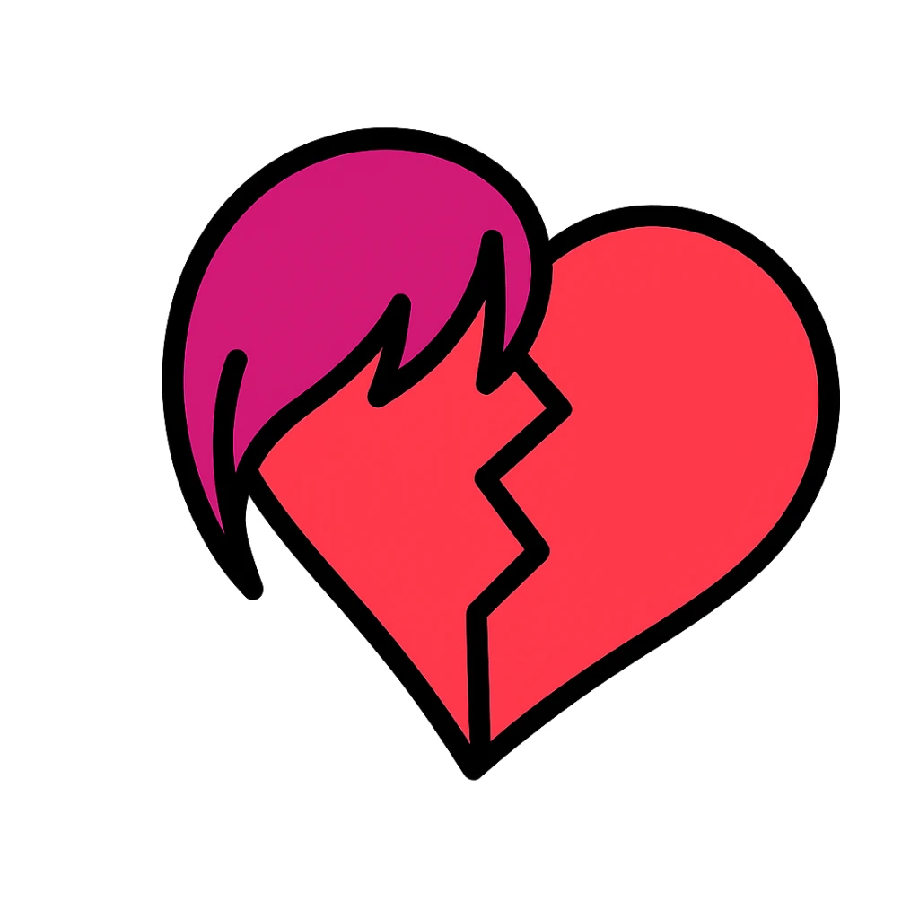 color outline icon of a broken heart with side bangs and emo style sticker